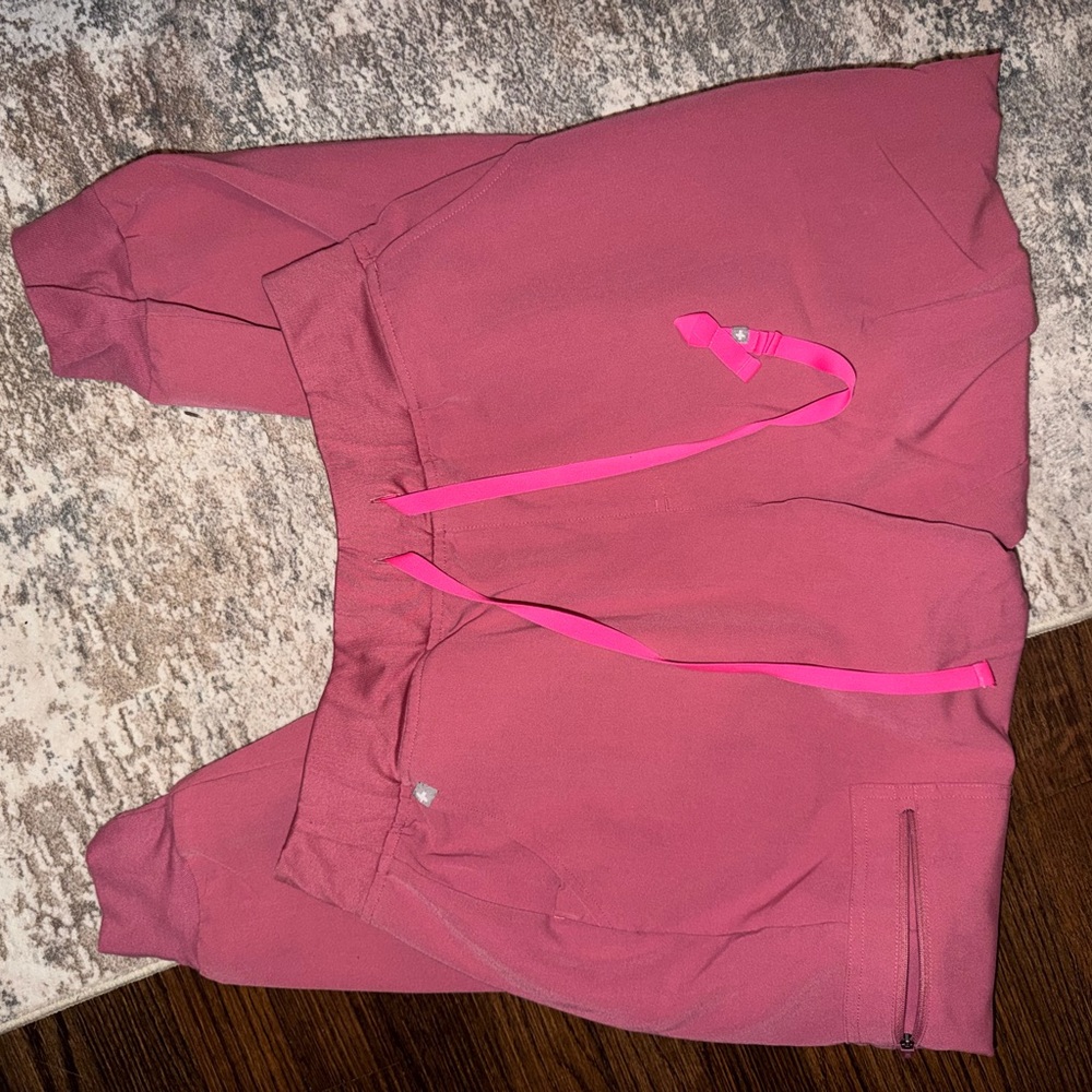 Figs Rose Pink Track Joggers with Bright Pink Drawstrings